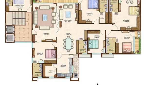 5 BHK, 4,627 sq ft floor plan layout at Nambiar Aranyaka showing living, dining, five bedrooms, utility and balconies
